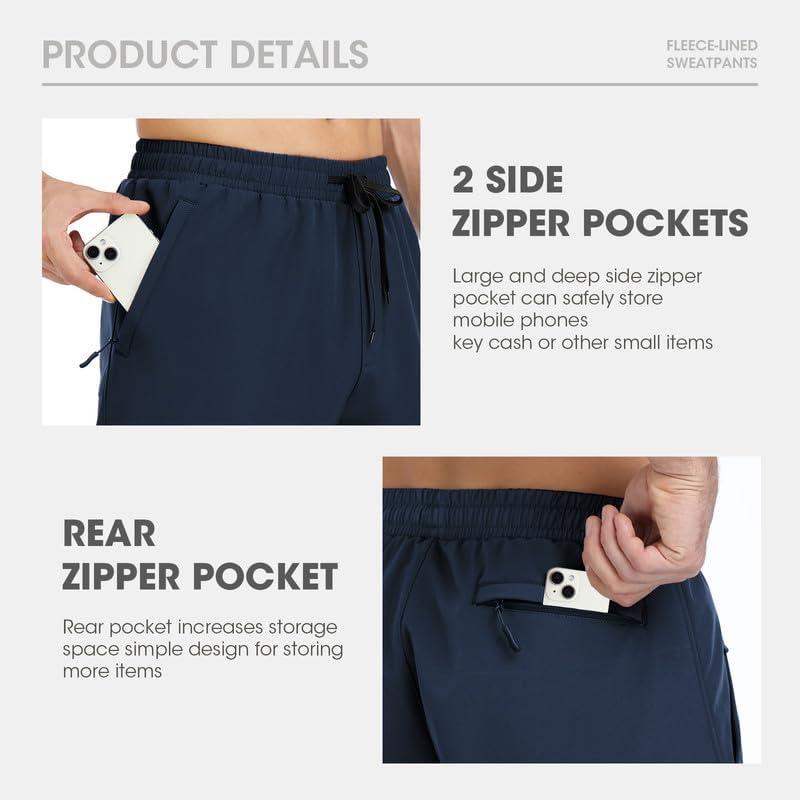 Men's Fleece Lined Pants Winter Athletic Workout Running Sweatpants Zipper Pockets Water Resistant Warm Joggers - Image 5