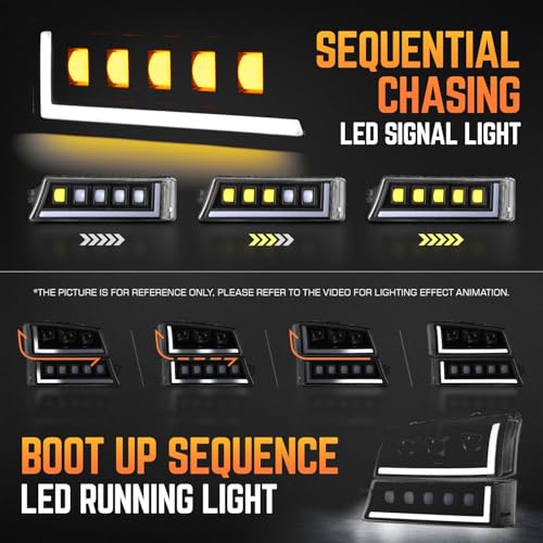 Image of DNA MOTORING Pair Full LED Projector Sequential Headlights Compatible with 03-06 Chevy Silverado 1500 2500 3500 1500HD 2500HD, Start-Up Sequential DRL, Black /Clear, HL-HP8-CSIL03-4P-BK-CL1