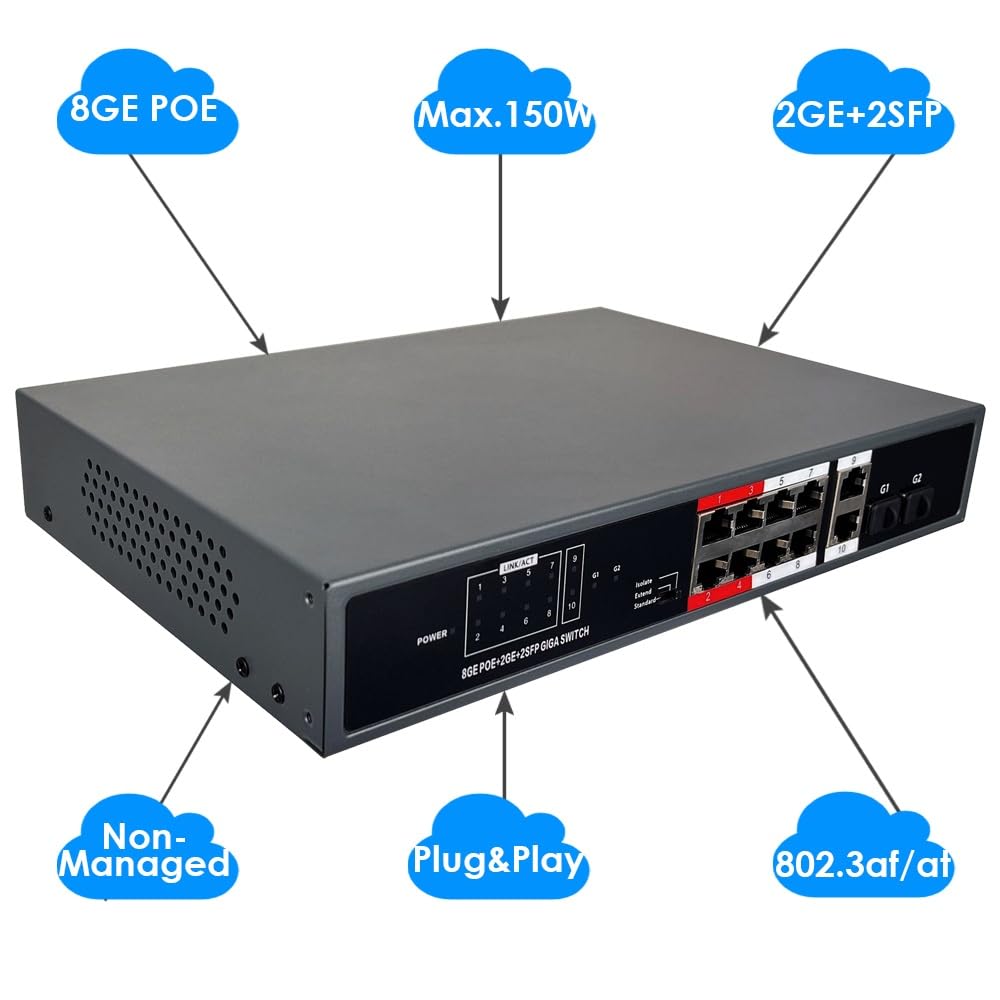 EXVIST Switch PoE Gigabit ON-PFS-10G2F 10 Ports, 8 Ports PoE+ @135W, 2 Slots SFP, Non géré Plug&Play, IEEE 802.3af/at, 30W/Port, boîtier métal IP30.