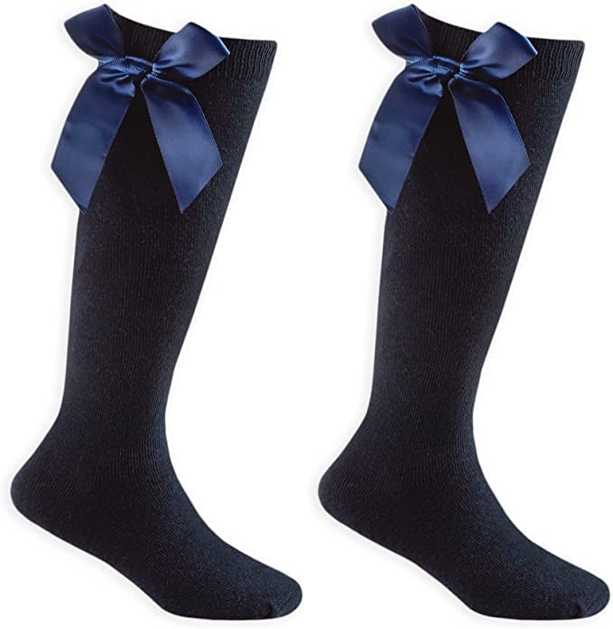 Pinkfairy 2 pares de calcetines hasta la rodilla con lazo, de algodón rico, lazos para el regreso a clases, calcetines altos hasta la rodilla para niñas