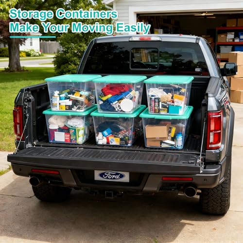 Image of SIMPLYKLEEN Storage Totes with Lids - Made in USA 14.5-Gallon (58-Quart) 4-Pack Aqua Storage Bins with Lids Plastic Storage Containers Large Storage Boxes for Organizer Aqua /Clear