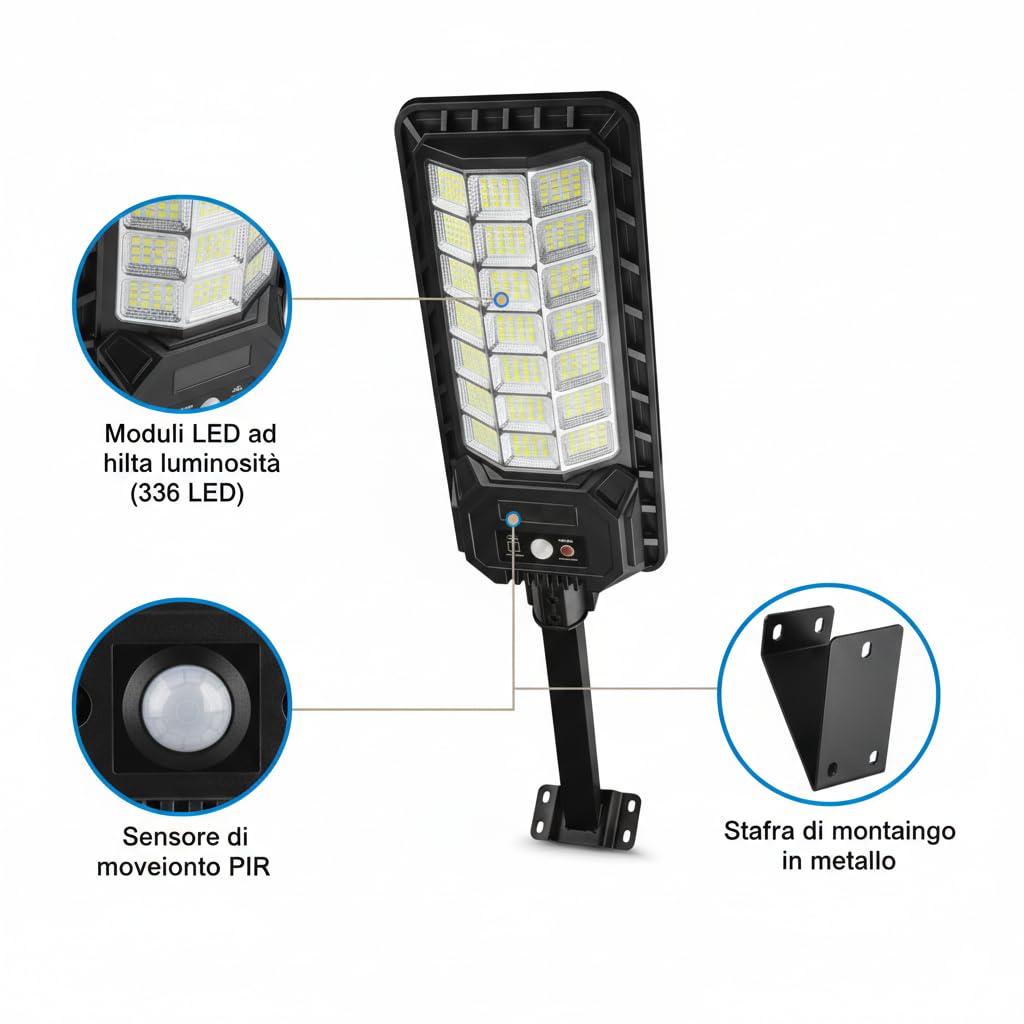 Lampione Solare 1500W 240 LED da Esterno con Sensore Movimento e Crepuscolare, IP65 Impermeabile, Pannello Monocristallino, Batteria Litio 12h, Luce Solare per Giardino, Cortile, Strada