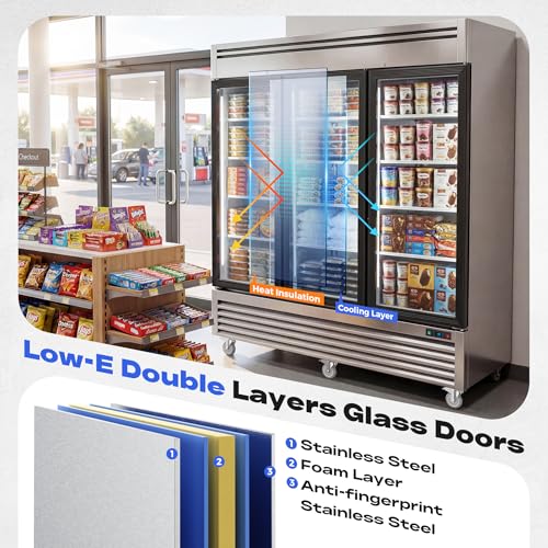 Image of Coolake 82 inch Commercial Freezer 3 Glass Doors, 72 Cu.ft Stainless Steel Reach-in Merchandiser Display Freezer with LED Light, -8 to 0℉ Fan Cooling Upright Freezer for Restaurant Kitchen Garage Store
