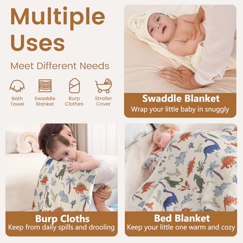 Image of david's kids 2 Pack Hooded Baby Towels, Large 32 inchx32 inch, 6 Layer 100% Muslin Cotton Highly Absorbent Boy Bath Towel for Newborn, Infant and Toddler, Soft and Breathable Baby Essentials, Dinosaur Story