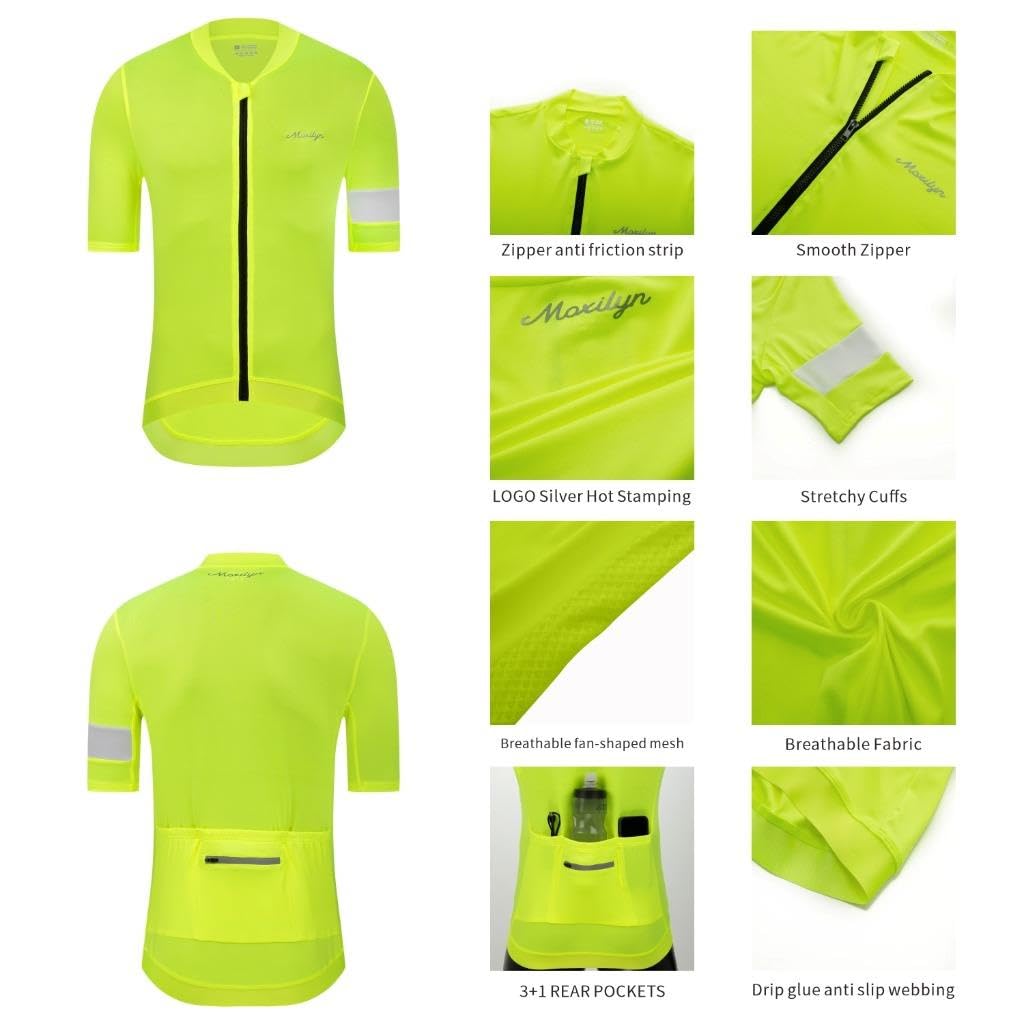 MOXILYN Herren-Radtrikot, Rennrad-Shirt, kurzärmelig, durchgehender Reißverschluss mit 4 Taschen, reflektierend, breiter Anti-Rutsch-Saum