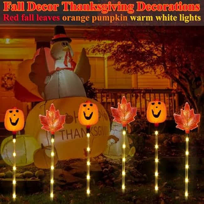 6 Pack Fall Decor Solar Maple Leaf Pumpkin Lights for Thanksgiving Decorations Outdoor,Waterproof Solar Thanksgiving Fall Leaves Pumpkin Garden Stake Lights for Outside Pathway Harvest Decor