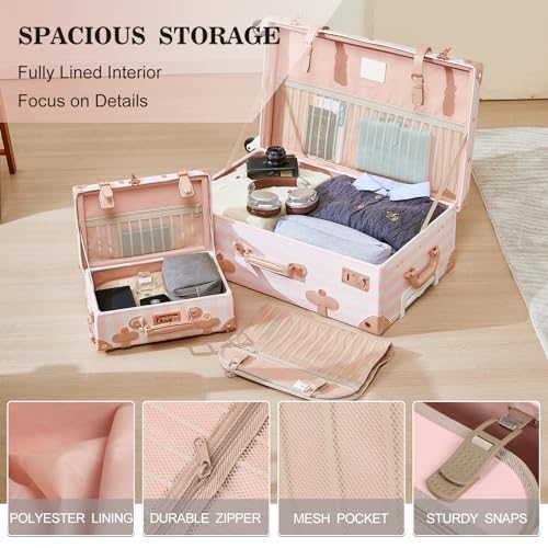 Image of UNIWALKER Vintage Suitcase Set, 3 Piece Retro Spinner Trunk, TSA-Approved Travel Luggage with Cosmetic Train Case for Women, Pink Strip, 26 inch+20 inch+12 inch