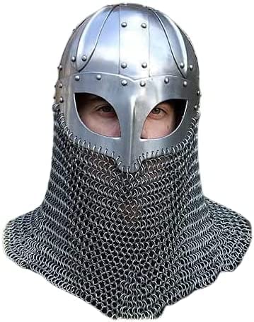 THOR INSTRUMENTS Viking Helmet Battle Armor 18G Steel and Chainmail Mask Helmet Silver Rustic Vintage Home Decor Gifts