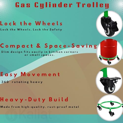 Image of Gas Cylinder Trolley with Lock Wheels - Green | Heavy Duty Steel LPG Cylinder Stand | 360 Smooth Rolling Caster Wheels (2+2 Lock) | Rust Resistant Cylinder Holder for Kitchen & Home