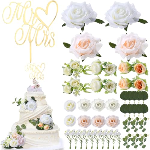 Wavwavw 45 Pcs Flower Wedding Cake Topper Decoration Artificial Rose Eucalyptus Babys Breath Camellia Mr Mrs Cake Topper Decor Elegant Floral Decorating Kit for Wedding Bridal Shower(Pastel Colors)