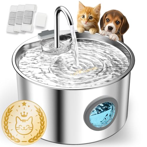 UPAWPIA Katzenbrunnen Edelstahl 3.2L Trinkbrunnen für Katze Katzenbrunnen für Katzen Hunde mit Wasserstandsfenster Ultra leise Wasserbrunnen für...