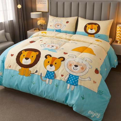 Image of 200 GSM 400 TC Kids Glace Cotton Reversible Cartoon Printed Double Bed King Size Comforter with Matching Bedsheet 90 * 100 with 2 Pillow Covers Set of 4 Pieces (Lion)