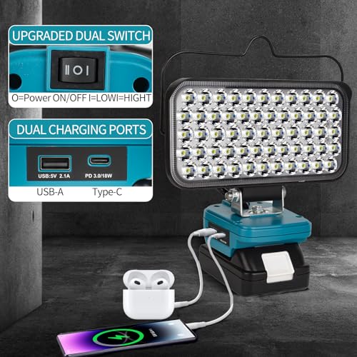 Image of Cordless LED Work Light for Makita 18v Battery, Portable Flood Lights 120W Spotlight Compact Lighting 10600LM with Type C & USB Fast Charging for Camping, Hiking, Fishing,Power Failure,Workshop