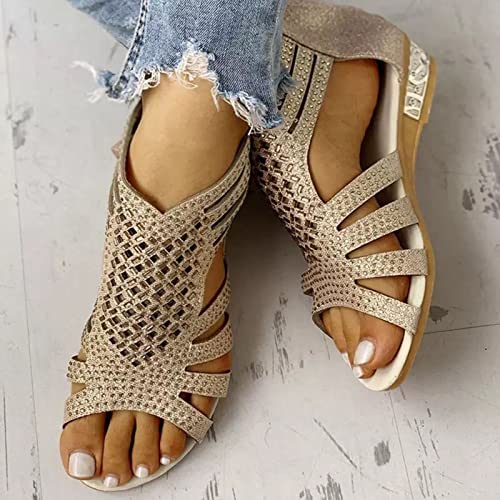 Sandals for Women 2025 Comfortable Rhinestones Sparkly Open Toe Shoes Low Heel Wedge Non-Slip Shoes Zipper Back Gladiator Sandals2