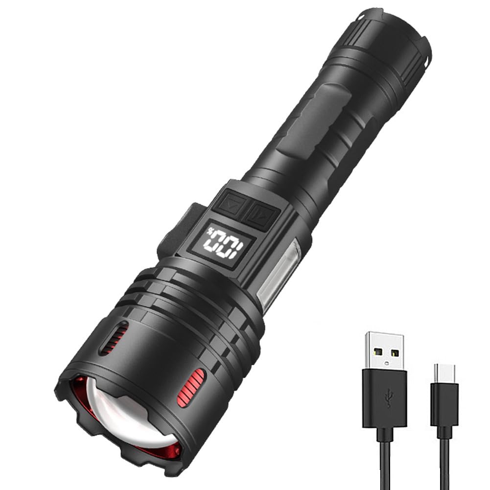 Torcia ad Alta Potenza con Luce Laterale COB Torcia LED Portatile Ricarica USB Torcia Super Luminosa Display di Alimentazione Impermeabile IPX4 for Escursioni in Campeggio