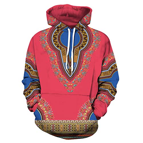 Esperlem Unisex African Print Dashiki Hoodie Men Women Boys Girls Fashion Long Sleeve Streetwear Sweatshirts with Pocket (Pink, XXL)