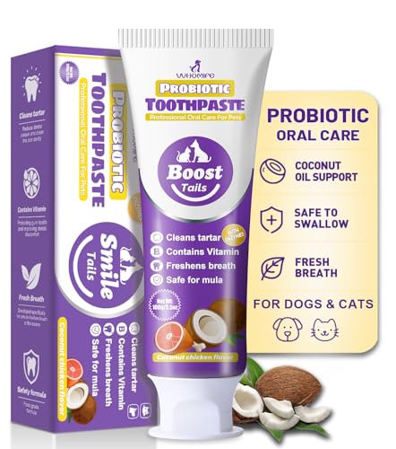 Natural Coconut Oil Cat & Dog Toothpaste.Enzymatic & Probiotic Formula with VitaminB. Gently Reduces Plaque, Tartar & Bad Breath. SGS Certified – Passed 43 Safety Tests. 3.52oz–Coconut Chicken Flavor