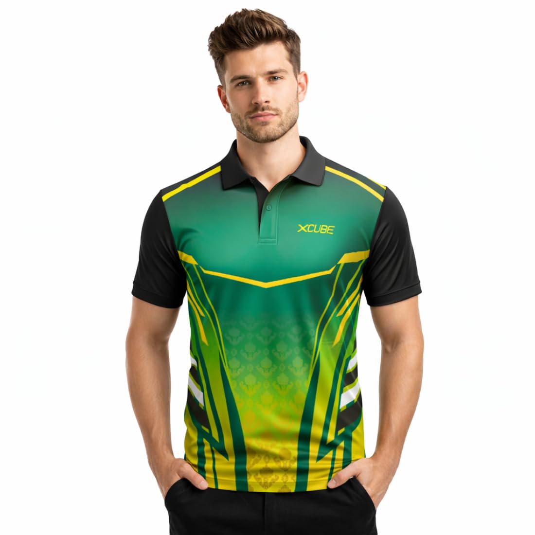 xcube Men's Sports Polo T-Shirt, Black and Green Geometric Pattern, Athletic Performance Wear Gym & Sportswear-picture-44