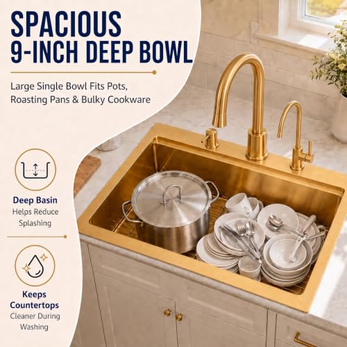 Image of LQS Gold Kitchen Sink 33x22, Gold Drop In Kitchen Sink with 3 Holes, 33 Inch Large Top Mount Stainless Steel Handmade Sturdy 16 Gauge T304 with Abundant Accessories, R10 Round Corner