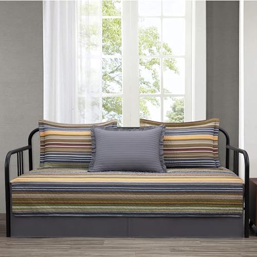 Image of Chezmoi Collection Avery Striped Cotton Quilt Set Daybed Size, 5-Piece Soft Pre-Washed 100% Cotton Quilt, Multi-Color Green