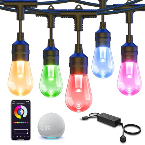XMCOSY+ Outdoor String Lights, Smart 49Ft Patio Lights RGB, App & WiFi Control Color Changing LED String Lights with Dimmable 15 LED Bulbs, Works with Alexa, IP65 Waterproof, Shatterproof 49