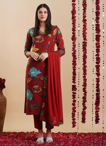 Image of GoSriKi Women's Rayon Blend Straight Printed Kurta with Pant & Dupatta