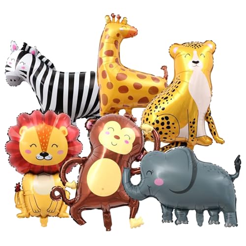 Ovanda 6 Stück Luftballons Tiere,Folienballon Tiere,Helium Ballon,Geburtstag Tierfolienballon,Waldtiere Geburtstag Deko,Dschungel Safari Luftballons,Löwe,Leopard,Giraffe,Zebra,Elefant,Affe Ballon Deko