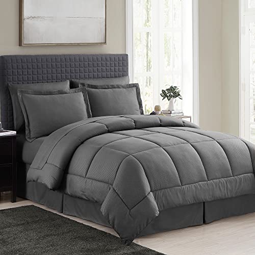 Image of King Size Comforter Set 8 Piece Bed in a Bag with Bed Skirt, Fitted Sheet, Flat Sheet, 2 Pillowcases, 2 Pillow Shams, King, Checkered Gray