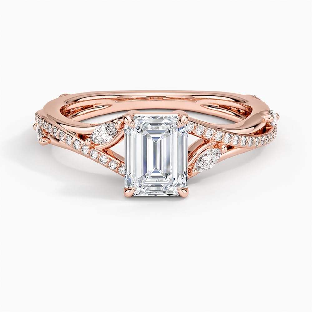 1–5 Carat Emerald Cut Lab Grown Diamond Ring VVS2 10K 14K 18K Solid Gold & 925 Sterling Silver Engagement Ring Nature Inspired Wedding Bridal Anniversary Christmas Gift for Women(IGI Certified)