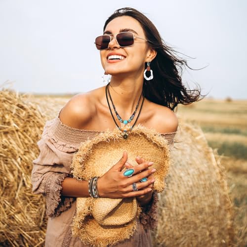 Image of Ecally Bohemian Western Jewelry Turquoise Set Women Country Pendant Long Choker Layered Bracelets Earrings Ring for Women