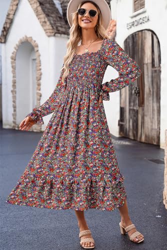 Image of Dokotoo Boho Dresses for Women 2025 Casual Floral Square Neck Long Sleeve Smocked Elastic Waist Tiered Ruffle Hem Maxi Dress