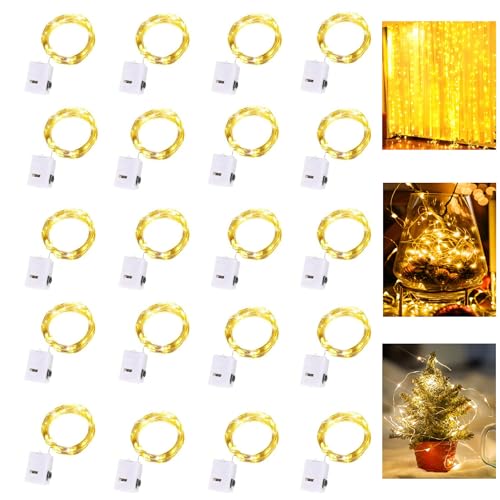 Dooozy 20PCS Micro LED Guirlande Lumineuse 2M 20 LED 3 Modes Batterie Cuivre Guirlande Lumineuse Fil Étanche pour Noël Extérieur Jardin Intérieur Mariage Fête (Blanc Chaud)