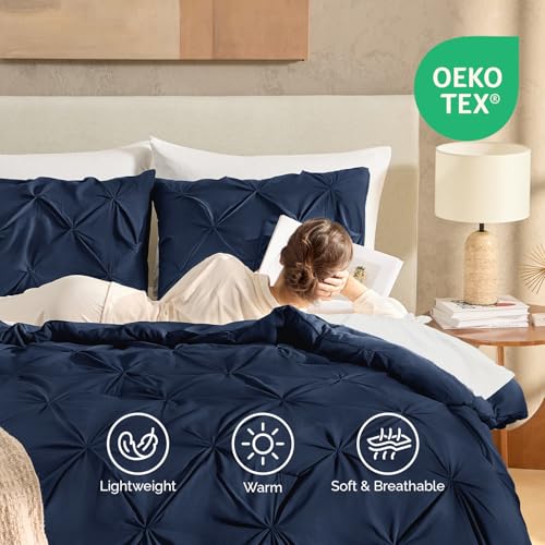 Image of Andency California King Pinch Pleat Comforter Set (104 inchx96 inch),3 Piece Lightweight Pintuck Bedding Comforters & Sets, Fluffy Down Alternative Comforter with 2 Pillow Shams for All Season,Navy Blue