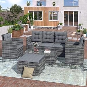 BIADNBZ Outdoor Furniture UV-Resistant Conversation Set Bench and Glass Table, All Weather PE Wicker Sectional Couch for Deck Garden, 5-Piece Patio Sofa with Storage, Gray