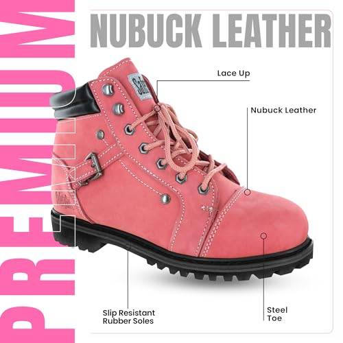 Image of Safety Girl Women's Work Boots | Water Resistant Leather Work Boots for Women | Oil & Slip-Resistant Soft Toe Boots for Women | Premium Nubuck Leather | Lightweight and Comfortable | Black Leather - 10M