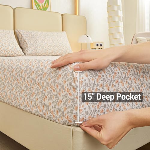 Viviland Floral Queen Sheet Set 4 Pieces Light Orange Flower Bed Sheet Soft Breathable Brushed Microfiber Bedding Sheet & Pillowcase Wrinkle Free Fitted Sheet With 15 Inch Deep Pocket For Queen Size thumb #2