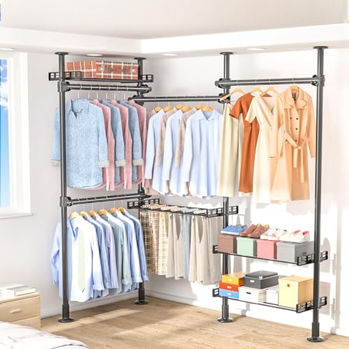 Tendedero ajustable con estante y ganchos para zapatos, barra de piso a techo, para dormitorio y sala de estar, perchero para ahorrar espacio