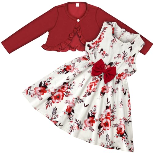 Vicloon Conjunto de Vestido y Cárdigan para Bebé Niña, 2 PCS Vestidos Florales Sin Mangas y Manga Larga Abrigo, Conjunto de Vestido de Mono para Bebé Niña para Boda Fiesta de Cumpleaños, 5 Años, Rojo