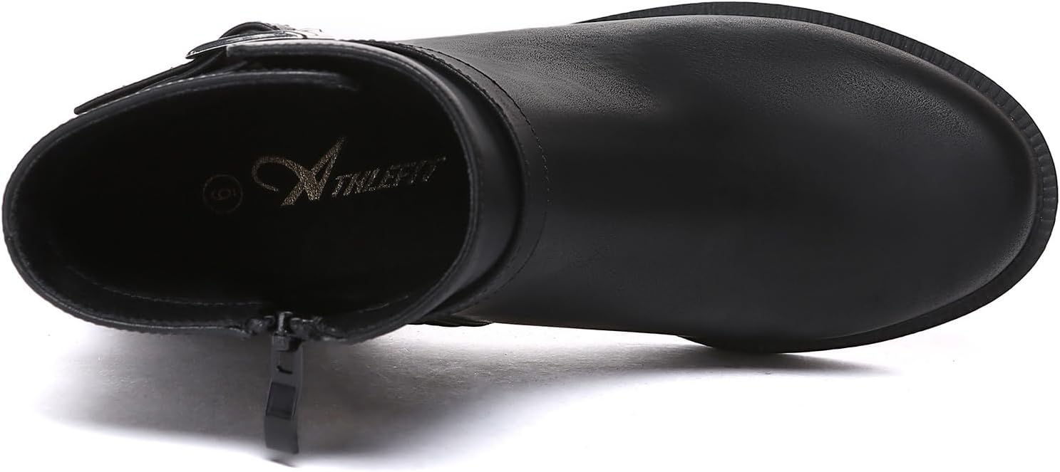 Athlefit Women's Ankle Boots Chunky Low Heel Fashion Round Toe Buckle leather Booties - Image 5