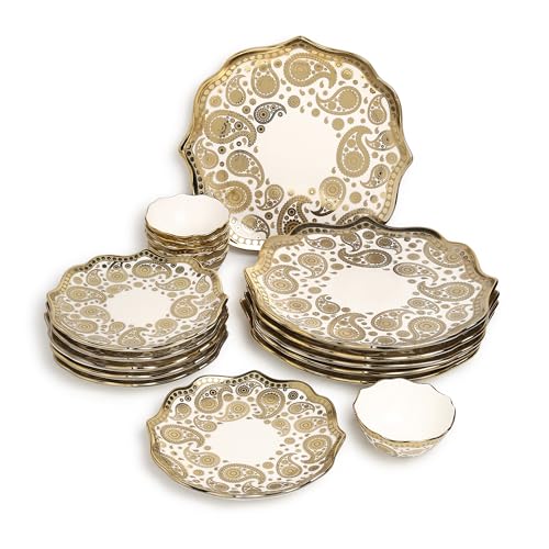 Image of Timeless Elegance Dinner Set, White & Gold, 18 Piece | Gold Plated, Porcelain Crockery with Scalloped Rim, For 6 People, 6 Dinner Plates, 6 Quarter Plates & 6 Veg Bowls, DSS02