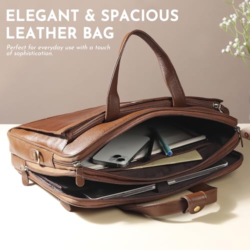 Image of STEVE JHONSON Leather Laptop Bags for Men - 16 Inches Office Bag with Shoulder Strap, Messenger Bag for Travel, Executive Side Handbag with Metallic Closure, Laptop Sling Bag (Tan)