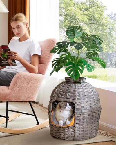Image of SETVSON Cat Litter Box Plant Enclosure, Hidden Handwoven Rattan with Cat Litter Box Furniture and Artificial Plants, Odor Control Filter, Real Stones in Living Room, Bedroom, Corner (Gray)