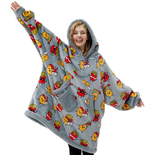 Giggling Getup Wearable Blanket Hoodie for Women Men Gifts for Teen Girls Sister Sherpa Fleece Hooded Blanket Sweatshirt Cozy Sherpa Wearable Throw with Pocket & Sleeves for Adult Chicken Nugget Fries