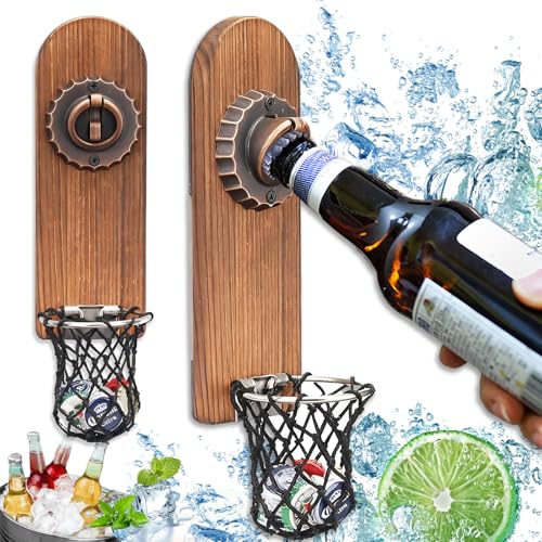 Mikqky Ouvre-Bouteilles Mural en Bois, Magnétique Ouvre Bouteille Mural en Bois Bière, Décapsuleur Mural avec Collecteur de Capsules de Bière, Decapsuleur Mural Bière Vintage pour Bar MaisonTerrasse