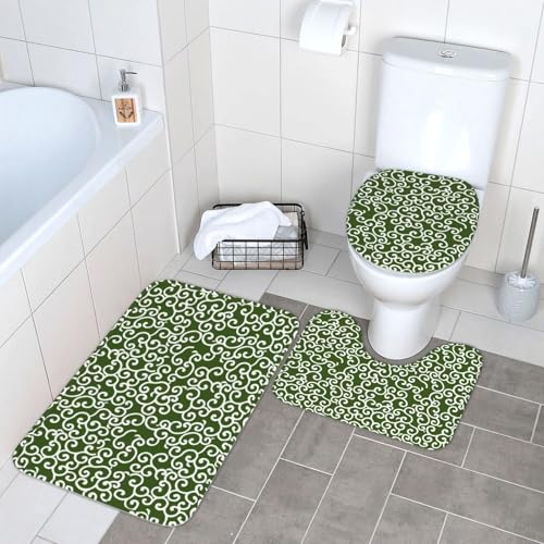 トイレマット 和風 和柄 花柄 緑 唐草模様 バスマット 3点セット ふたカバー 吸水 おしゃれ 滑り止め トイレ床マット カーペット フタカバー 便座カバー U型 O型 兼用 浴室 家庭用
