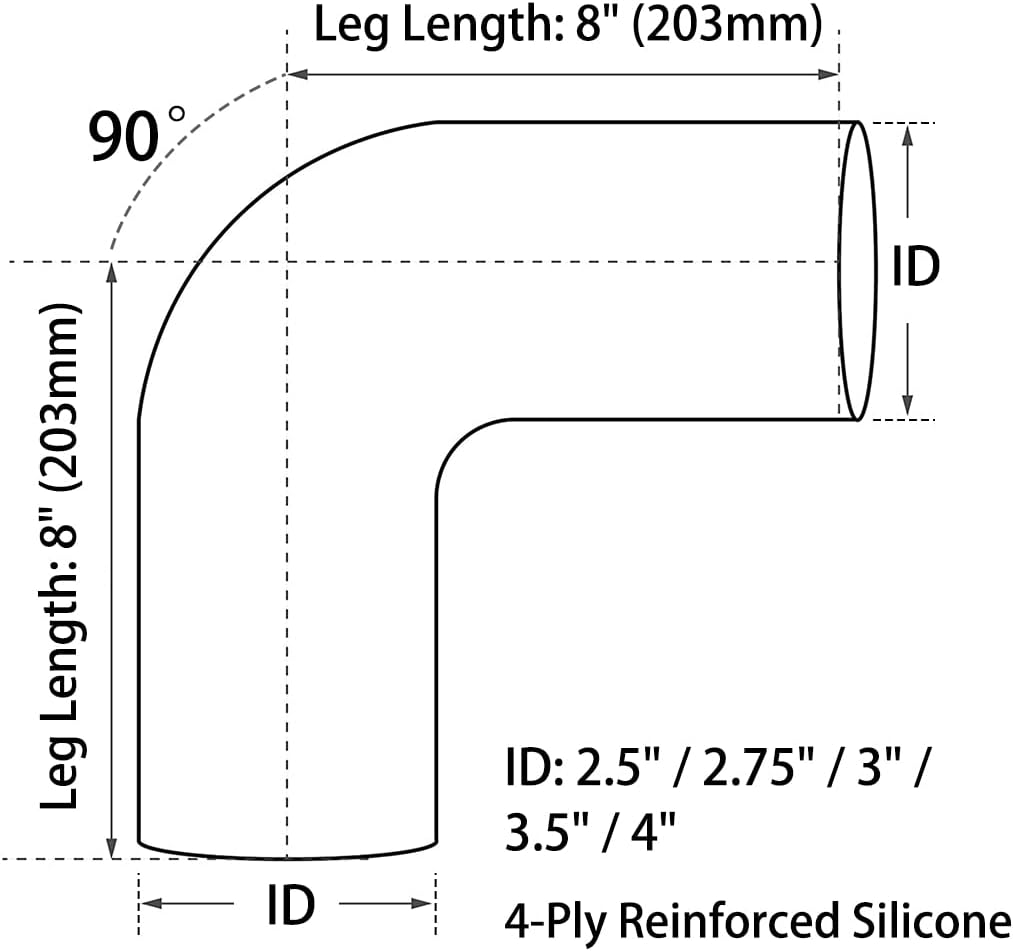 4" ID, 8" Leg Length 90 Degree Elbow Silicone Coupler Hose, 4-Ply Reinforced Universal Silicone Pipe Hose Turbo Intake Tube Intercooler Piping Black