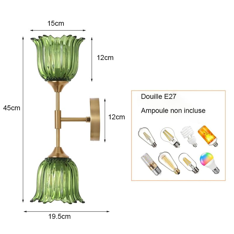 2 Lampade Applique da Parete Fiore Paralume in Vetro Verde Lampada da Parete Interna Ottone Dorato Illuminazione Da Parete per Bagno Soggiorno Camera Da Letto Cucina