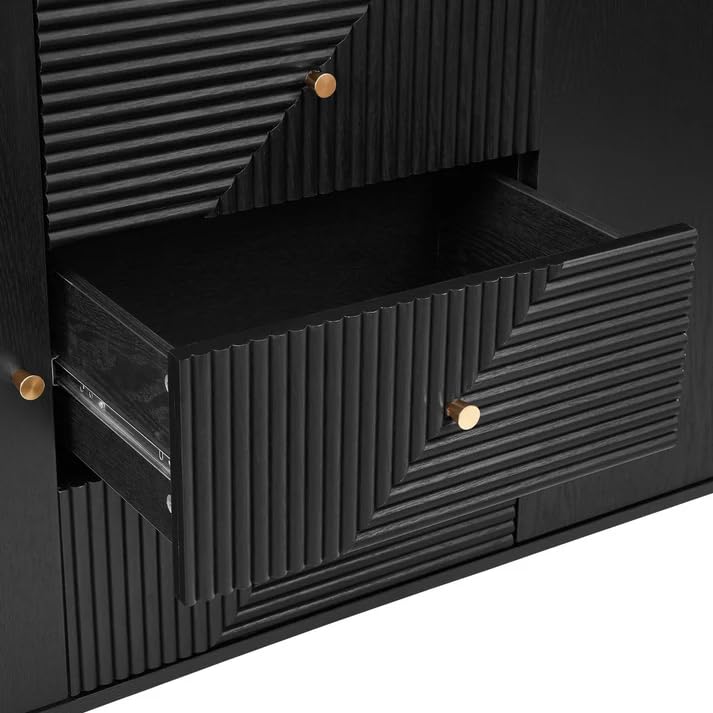 Image of Wooden Sideboard Cabinet for Living Room | Side Board Crockery Cabinet with 2 Doors & 3 Drawers Storage for Dining, Drawing and Home Office | HDMR Premium Wood & Iron(Black)