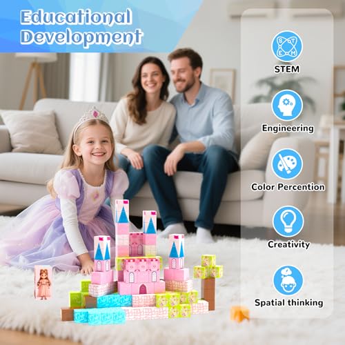Image of Hiwawind Updated Princess Magnetic Blocks for Girls, Princess Castle Magnetic Building Toys, STEM Montessori Sensory Toys for Toddlers 3-4 5-6 7-8, Creative Birthday Gifts for 3+ Year Old Girl