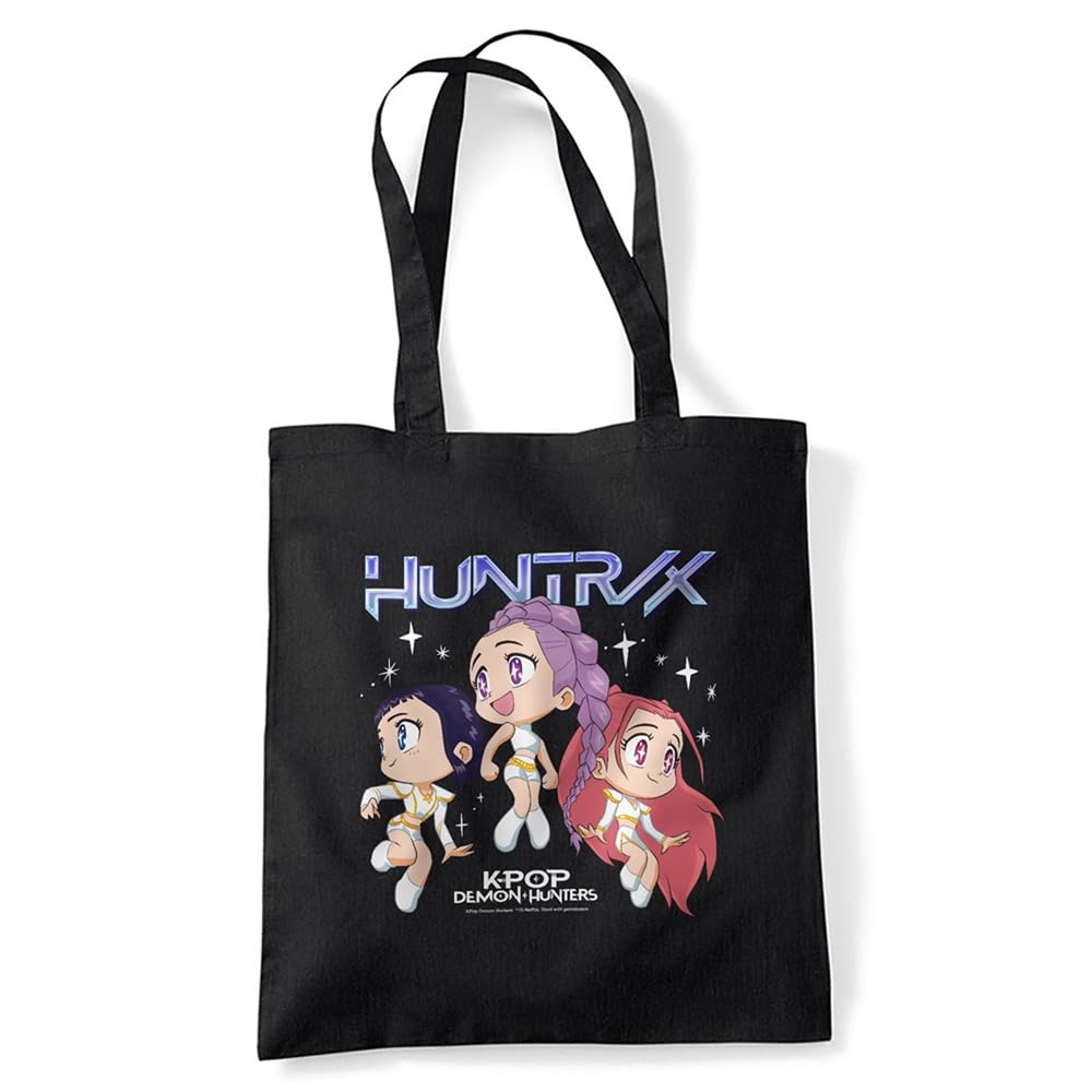Kpop Demon Hunters Huntrix Chibi Group Grocery Travel Reusable Tote Bag, Black